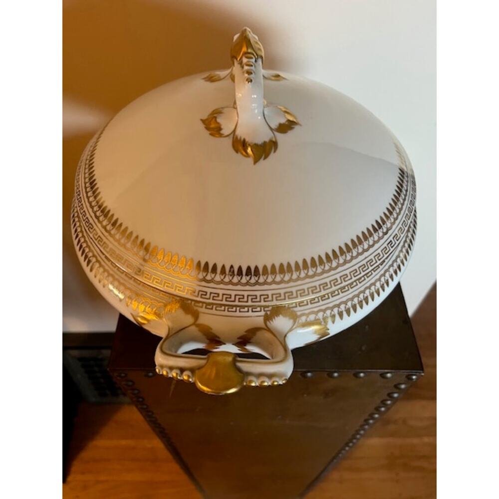 Limoges T&V Greek Key Gold Soup Tureen w/ Lid & Ladle Slot Touraine France